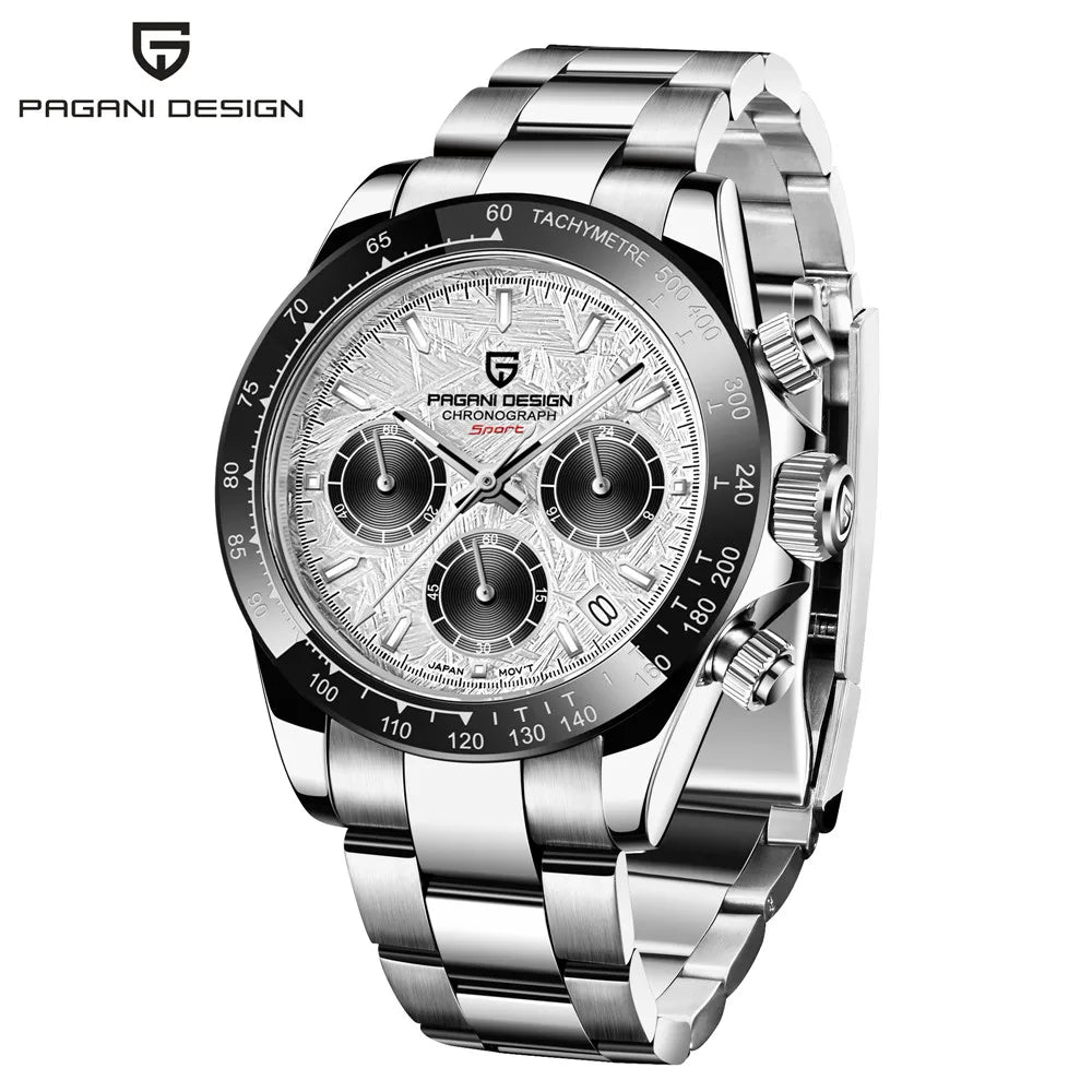 PAGANI DESIGN 1664 Meteorite Dial Men's Watch - Luxury Sapphire Crystal Chronograph, 10ATM Waterproof, Stainless Steel & Silicone Strap