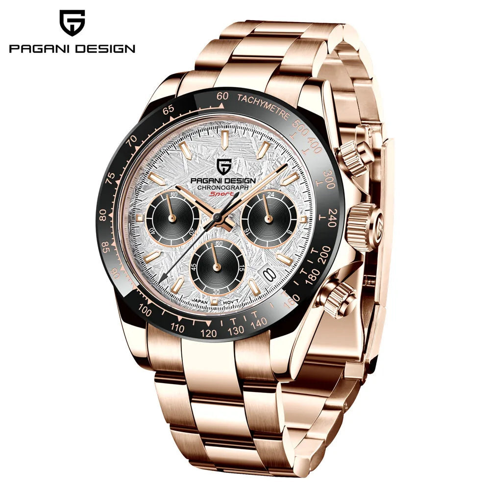 PAGANI DESIGN 1664 Meteorite Dial Men's Watch - Luxury Sapphire Crystal Chronograph, 10ATM Waterproof, Stainless Steel & Silicone Strap