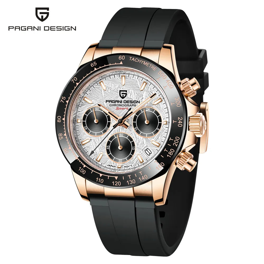 PAGANI DESIGN 1664 Meteorite Dial Men's Watch - Luxury Sapphire Crystal Chronograph, 10ATM Waterproof, Stainless Steel & Silicone Strap