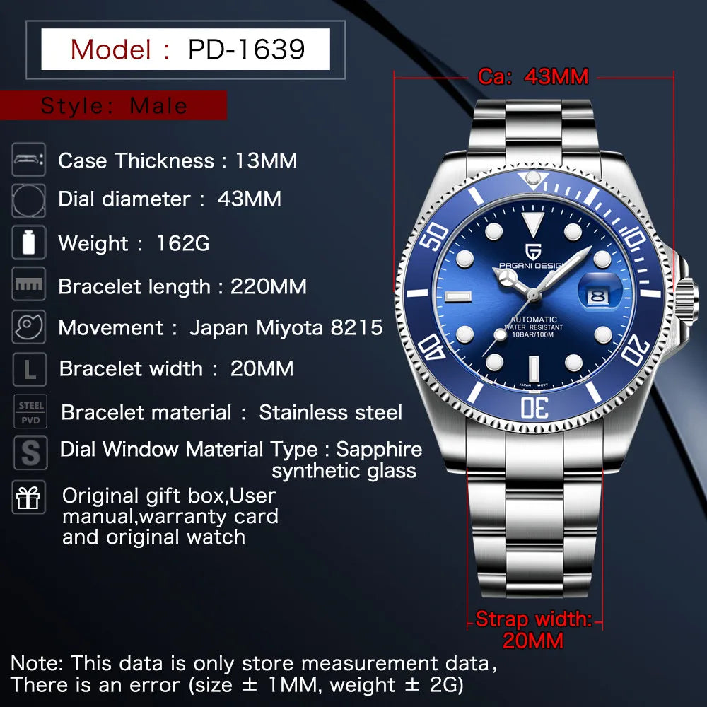 PAGANI DESIGN PD-1639 Automatic Men's Watch - Luxury Dive Style with Sapphire Crystal, Stainless Steel, 10ATM Waterproof, Japanese NH35 Movement