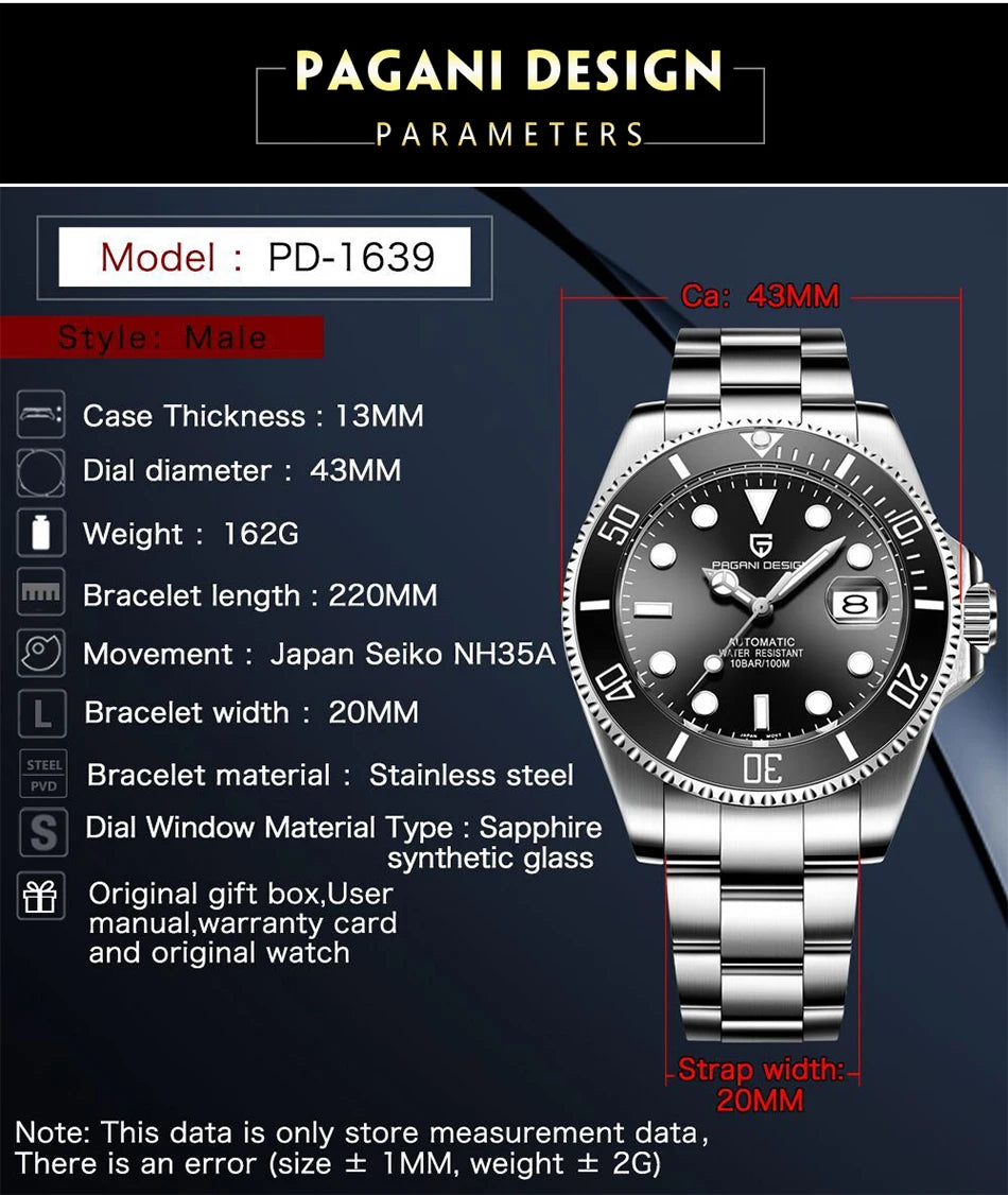 PAGANI DESIGN PD-1639 Automatic Men's Watch - Luxury Dive Style with Sapphire Crystal, Stainless Steel, 10ATM Waterproof, Japanese NH35 Movement