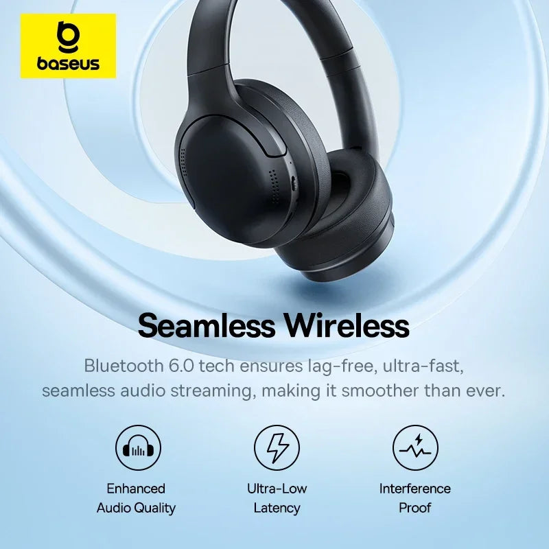 Baseus BH1 Lite Wireless Headphones - Bluetooth 6.0, 80H Playtime, Super Bass, ENC Clear Call, Lightweight Over-Ear Headset with Dual Connect