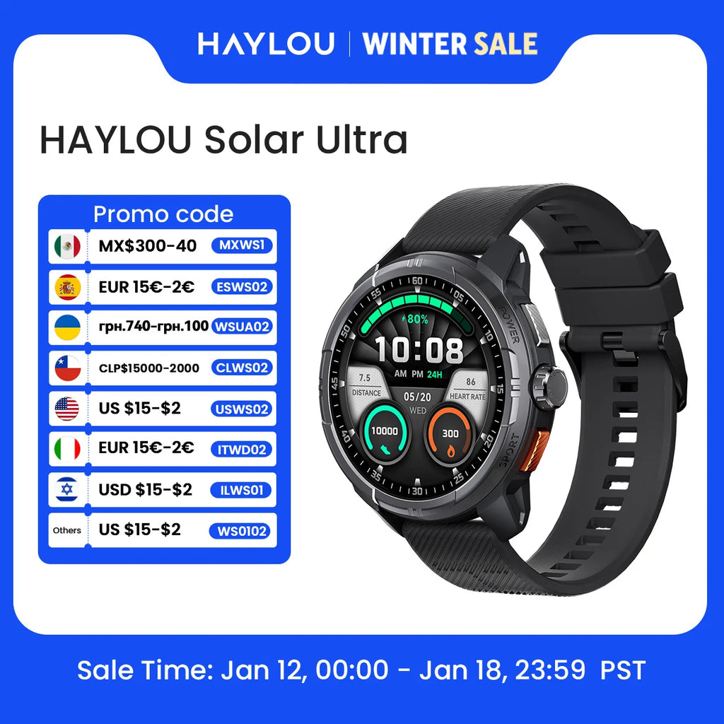 HAYLOU Solar Ultra GPS Smartwatch - 1.6" AMOLED, Built-in GPS, 5ATM Waterproof, Bluetooth Calling, 170+ Sports Modes, 22-Day Battery