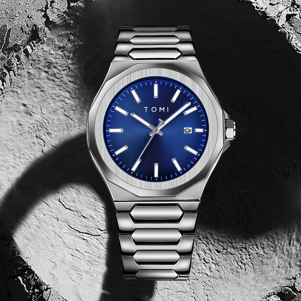 TOMI Luxury Men's Watch Gift Set - Rose Gold Case & Stainless Steel Bracelet, Business Quartz Watch with Complete Calendar, Ring & Brooch