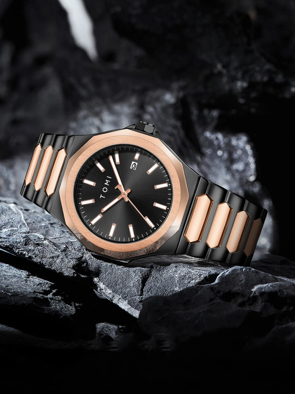 TOMI Luxury Men's Watch Gift Set - Rose Gold Case & Stainless Steel Bracelet, Business Quartz Watch with Complete Calendar, Ring & Brooch