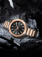 TOMI Luxury Men's Watch Gift Set - Rose Gold Case & Stainless Steel Bracelet, Business Quartz Watch with Complete Calendar, Ring & Brooch