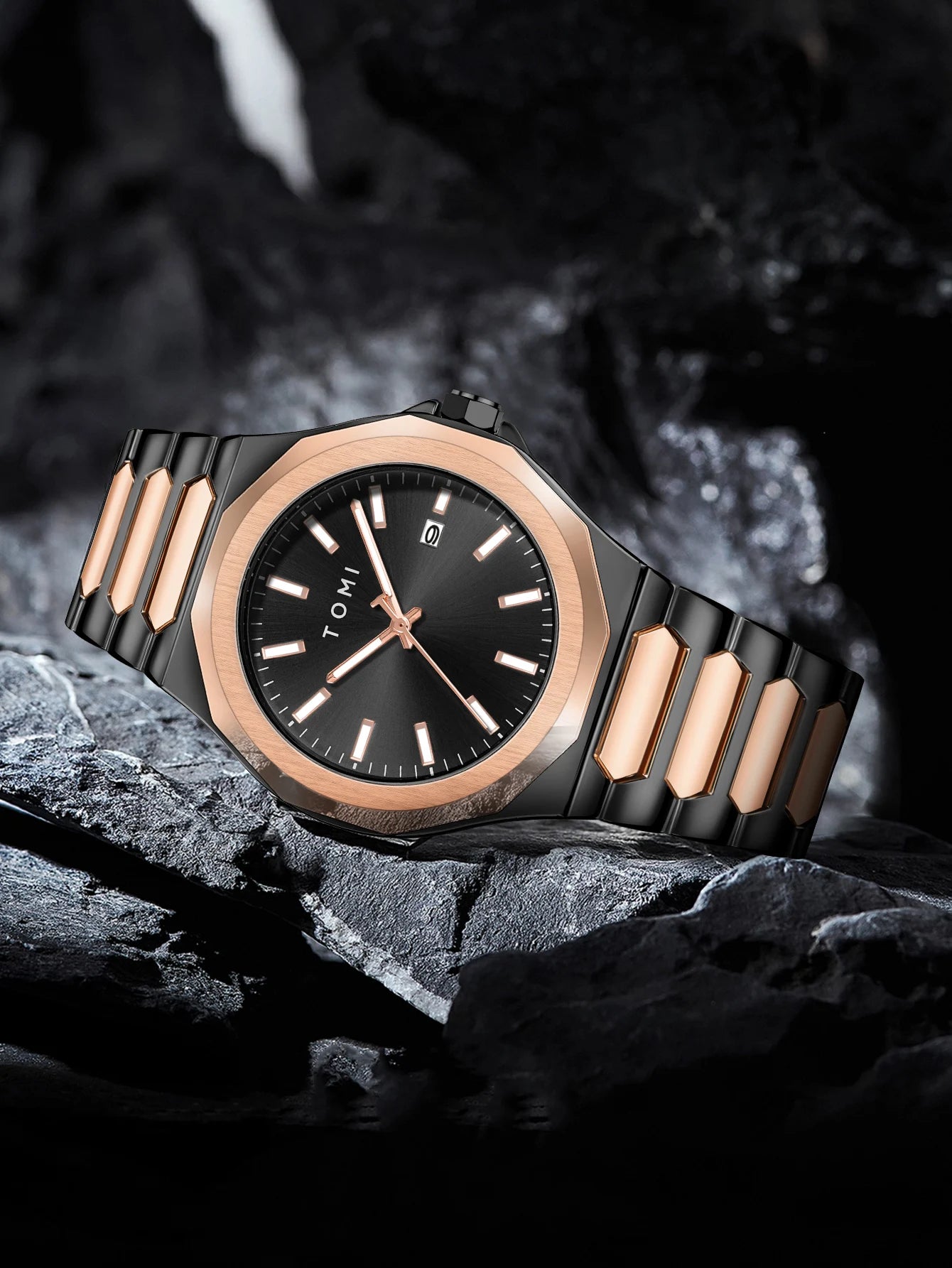 TOMI Luxury Men's Watch Gift Set - Rose Gold Case & Stainless Steel Bracelet, Business Quartz Watch with Complete Calendar, Ring & Brooch