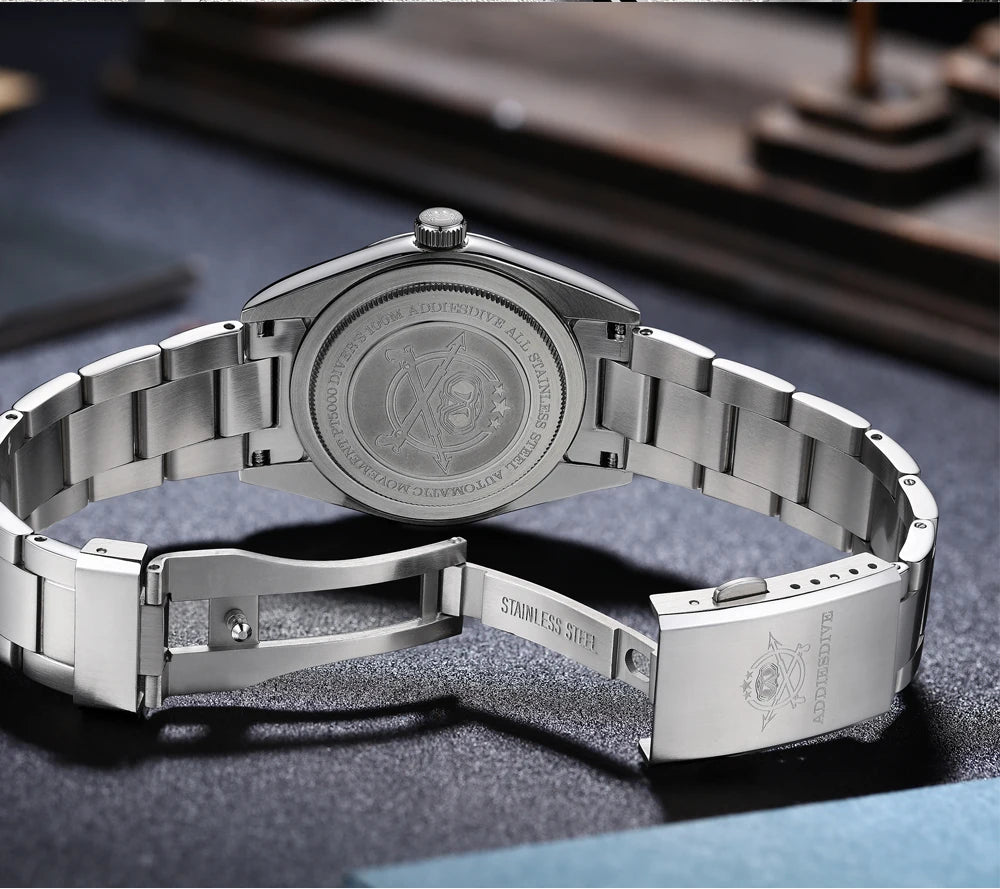 ADDIESDIVE AD2030 Men's Quartz Watch - 36mm 316L Stainless Steel, 100M Waterproof, Sand Dial, AR Coated Dome Glass, Dive-Style Watch
