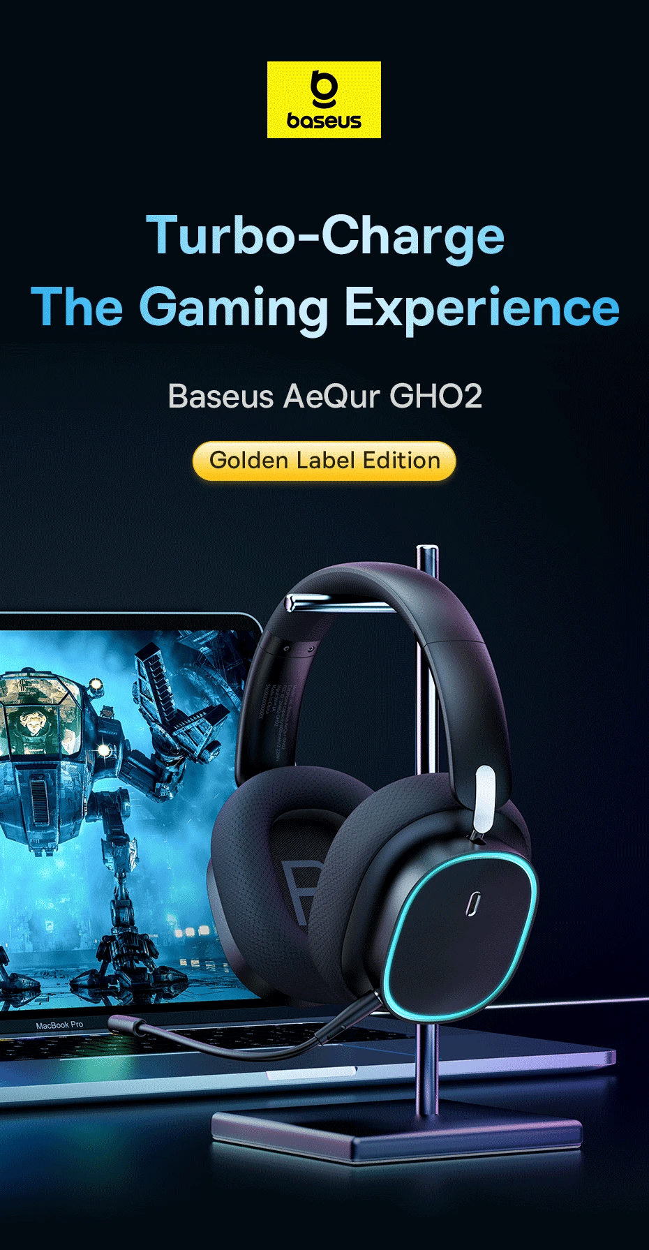 Baseus AeQur GH02 Gaming Wireless Headphones - Triple Mode 2.4G/Bluetooth 5.3/Wired, 40H Playtime, Chatmix, 4-Speaker Driver, App Control