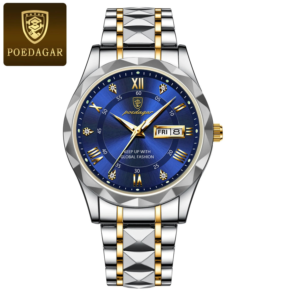 POEDAGAR Luxury Men's Business Watch - Stainless Steel Waterproof with Date & Week Display, Luminous Hands, Roman Numeral Dial