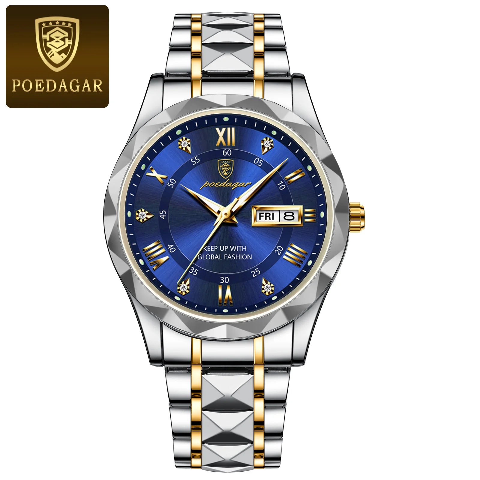 POEDAGAR Luxury Men's Business Watch - Stainless Steel Waterproof with Date & Week Display, Luminous Hands, Roman Numeral Dial