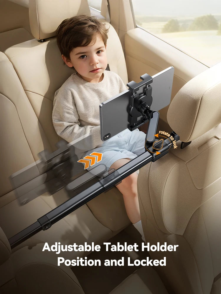 Joyroom Car Tablet Holder with Extension Arm - Adjustable Headrest Mount for Back Seat, Fits iPad Pro 13", Galaxy Tab, 4.7-13" Devices