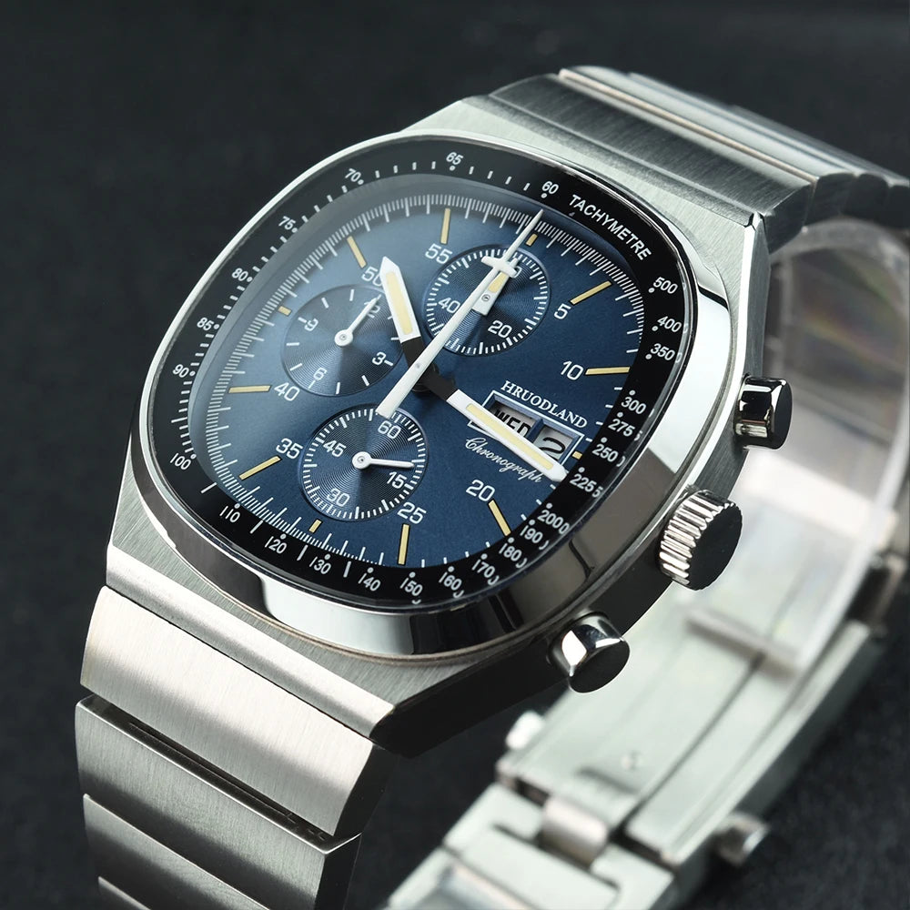 Hruodland F022 Retro Chronograph Watch for Men - Sapphire Crystal Glass, Stainless Steel, Blue Sunray Dial, Japanese Quartz Movement