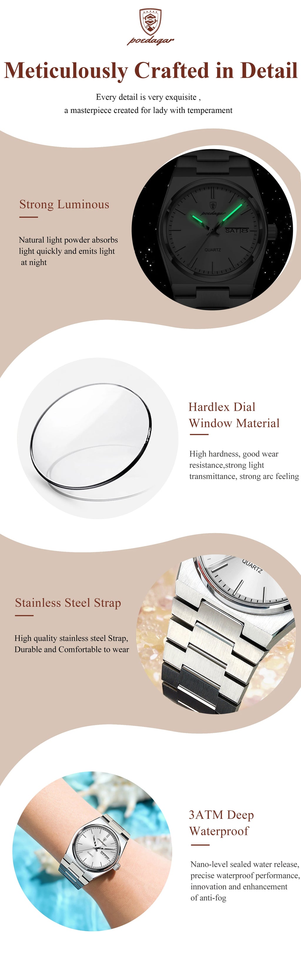 POEDAGAR Women's Watch with Date & Week Display - Waterproof Stainless Steel Luminous Dress Watch, Elegant Business Quartz Watch