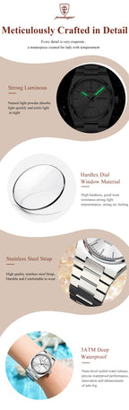 POEDAGAR Women's Watch with Date & Week Display - Waterproof Stainless Steel Luminous Dress Watch, Elegant Business Quartz Watch