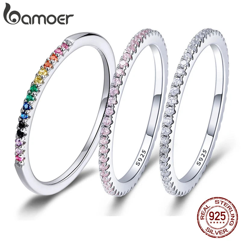 BAMOER 925 Sterling Silver Full Paved Simulated Diamond Stackable Ring, Women's Gold Plated Engagement Eternity Band with Colored CZ