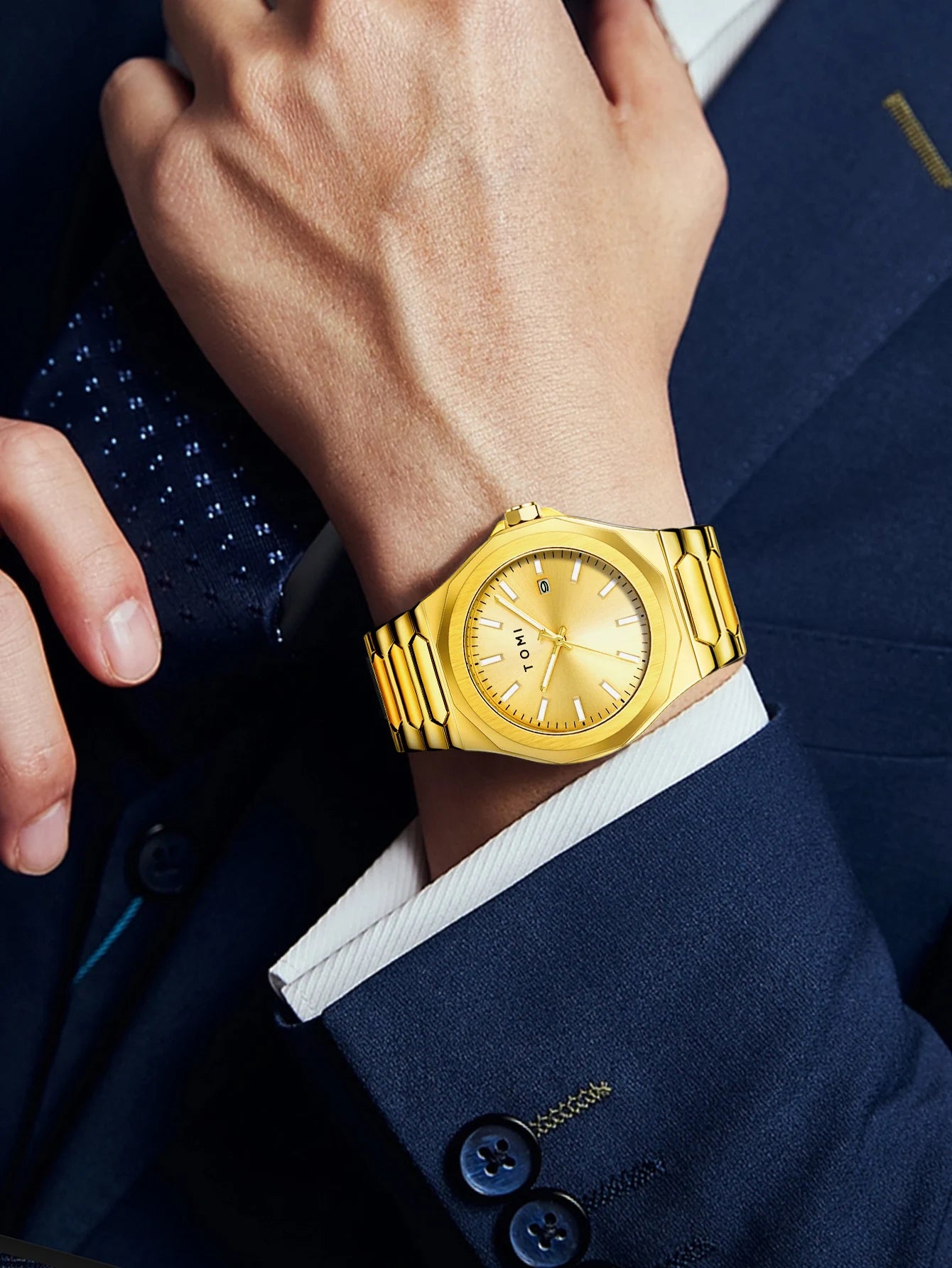 TOMI Luxury Men's Watch Gift Set - Rose Gold Case & Stainless Steel Bracelet, Business Quartz Watch with Complete Calendar, Ring & Brooch