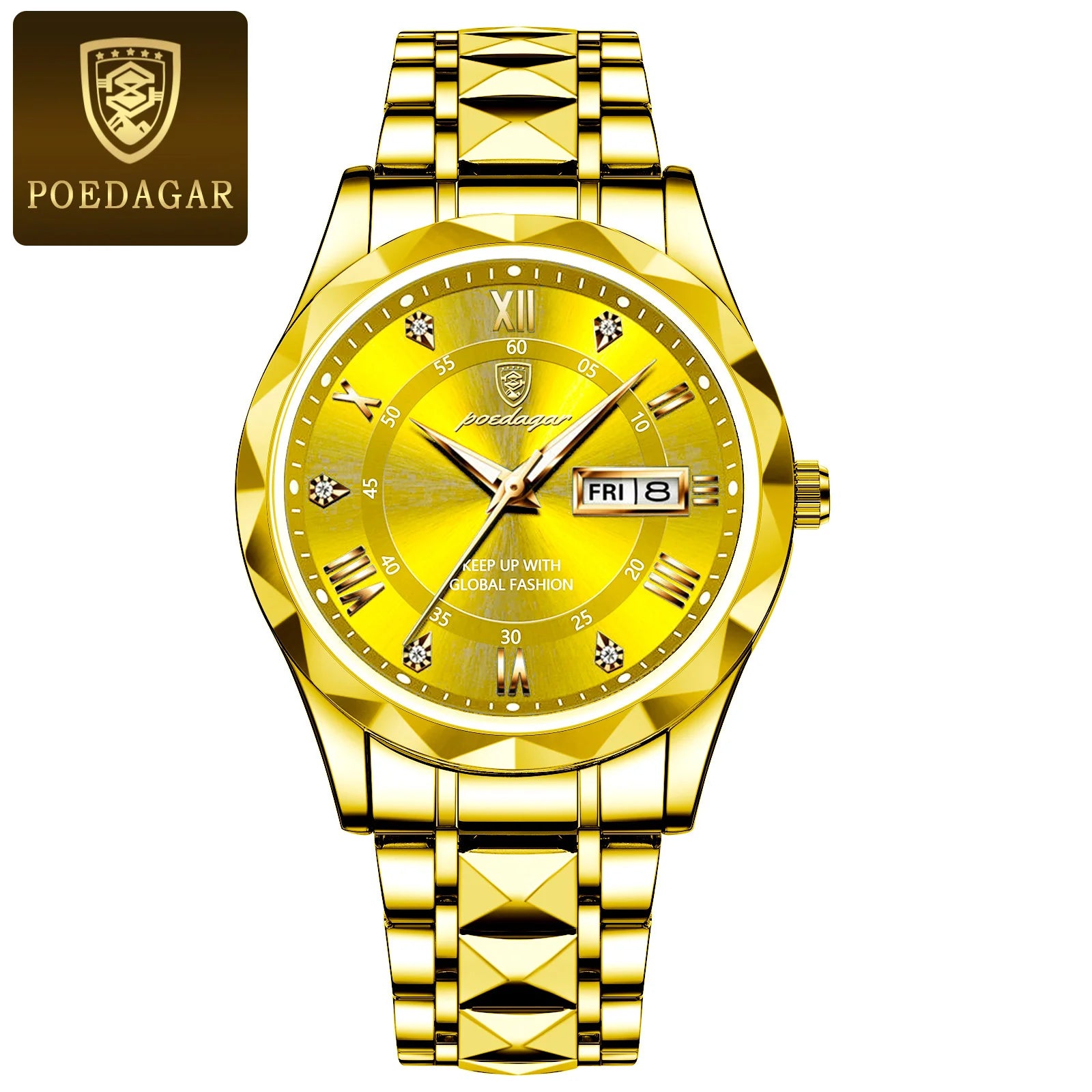 POEDAGAR Luxury Men's Business Watch - Stainless Steel Waterproof with Date & Week Display, Luminous Hands, Roman Numeral Dial