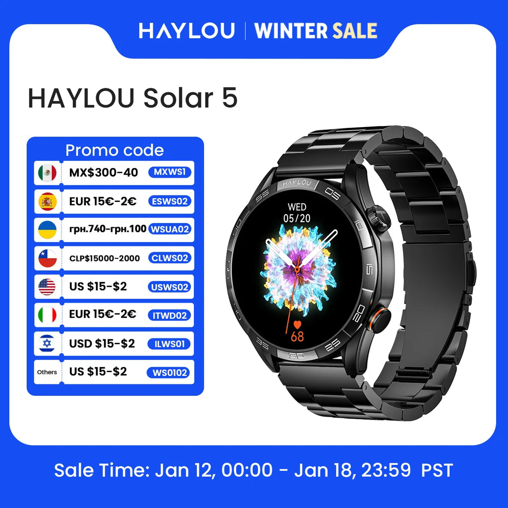 HAYLOU Solar 5 Smart Watch with Bluetooth Calling - 1.58" AMOLED 60Hz Display, 40-Day Battery, 100+ Sports Modes, 24/7 Health Monitor, IP68 Waterproof