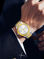 TOMI Luxury Men's Watch Gift Set - Rose Gold Case & Stainless Steel Bracelet, Business Quartz Watch with Complete Calendar, Ring & Brooch