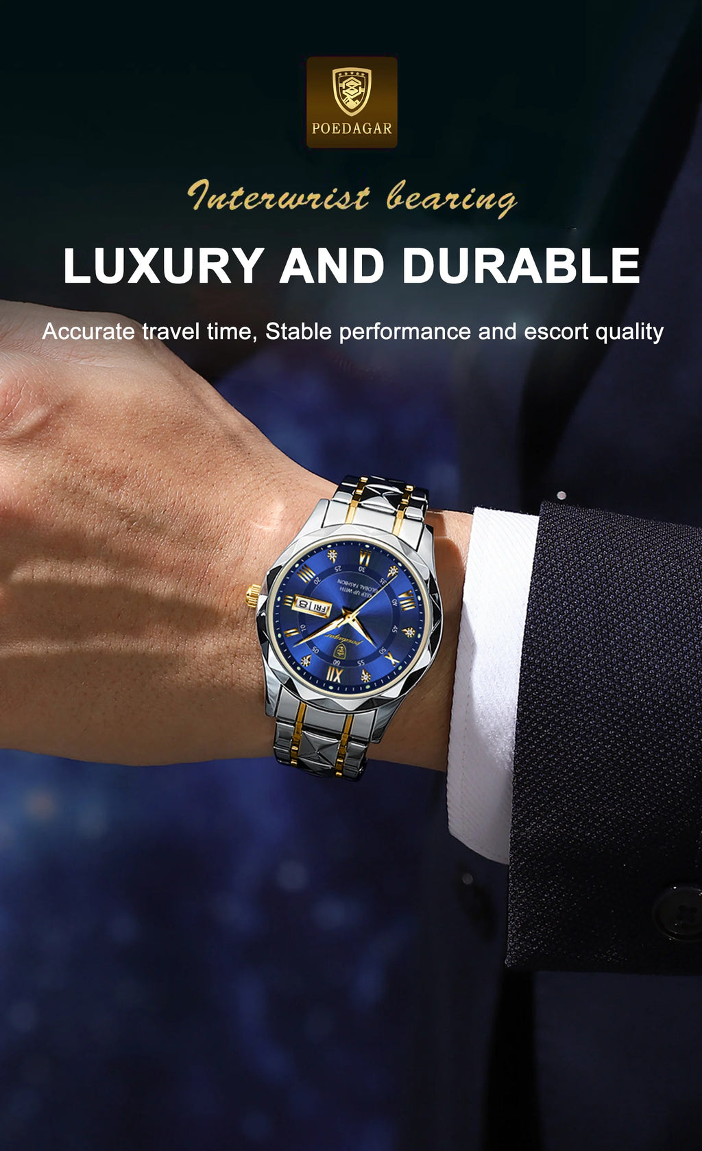 POEDAGAR Luxury Men's Business Watch - Stainless Steel Waterproof with Date & Week Display, Luminous Hands, Roman Numeral Dial