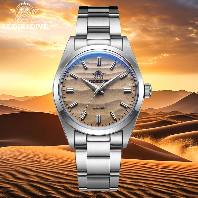 ADDIESDIVE AD2030 Men's Quartz Watch - 36mm 316L Stainless Steel, 100M Waterproof, Sand Dial, AR Coated Dome Glass, Dive-Style Watch