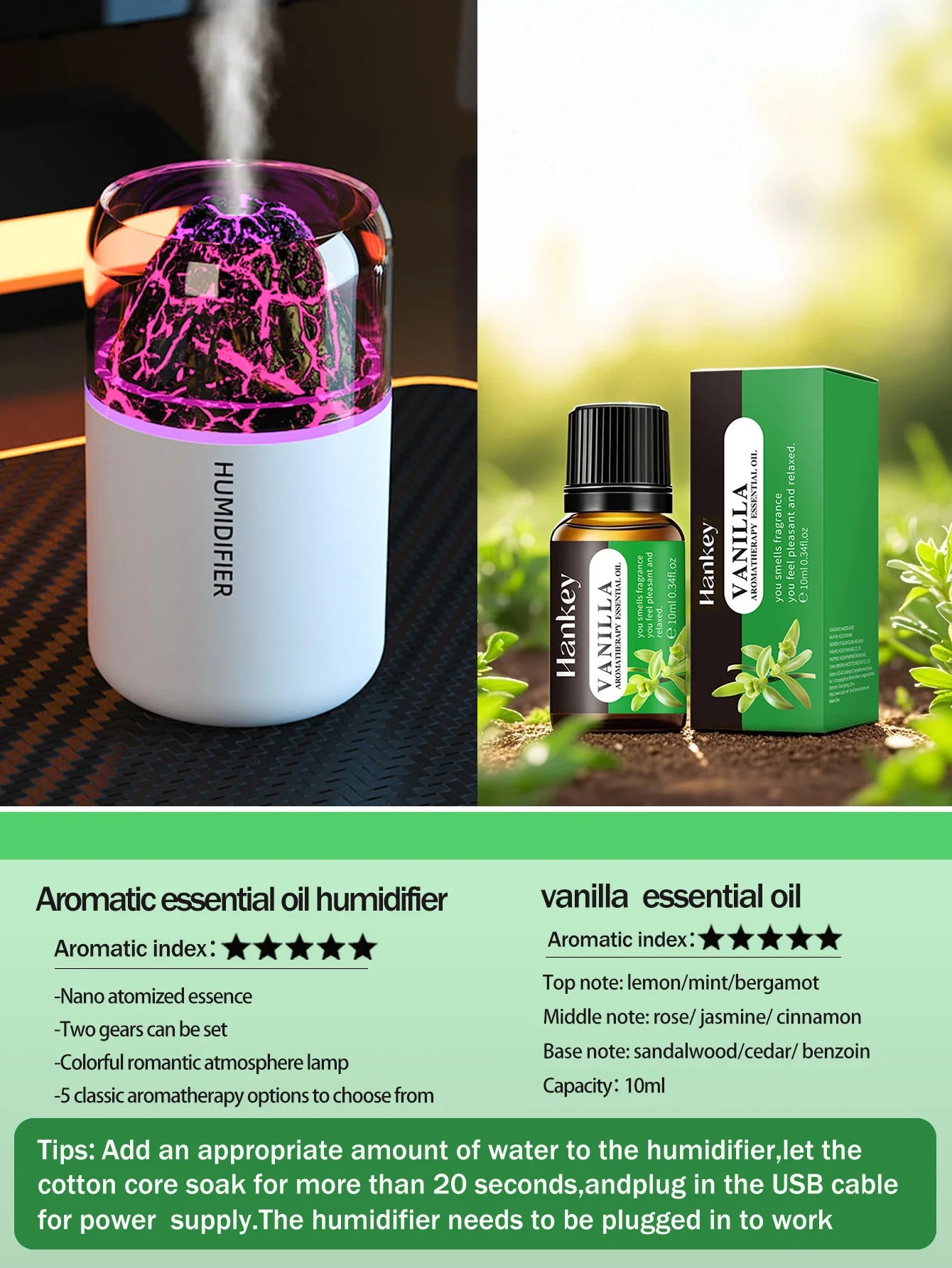 Volcanic Rock LED Mood Lamp with Humidifier & Aromatherapy Diffuser - USB-Powered for Bedroom, Car, Desk | Relaxing Color Changing Night Light Gift