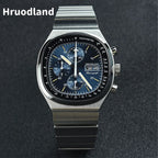 Hruodland F022 Retro Chronograph Watch for Men - Sapphire Crystal Glass, Stainless Steel, Blue Sunray Dial, Japanese Quartz Movement