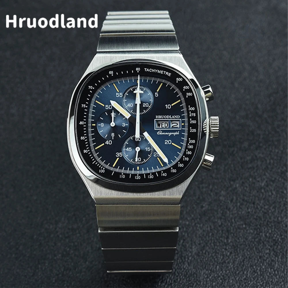Hruodland F022 Retro Chronograph Watch for Men - Sapphire Crystal Glass, Stainless Steel, Blue Sunray Dial, Japanese Quartz Movement