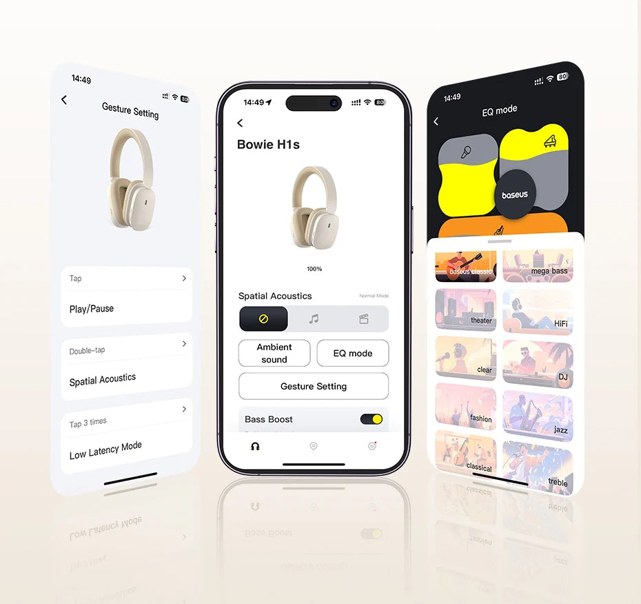 Baseus Bowie H1s Wireless Headphones - Bluetooth 5.4 with 46dB Hybrid ANC, 120H Playtime, Hi-Res Spatial Audio, 0.06s Low Latency, Foldable Over-Ear Headset