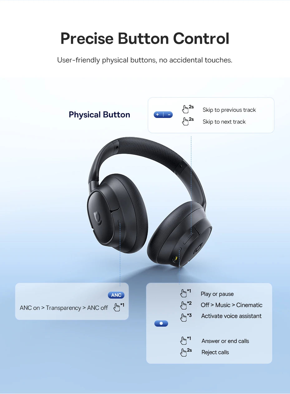 Baseus Bowie H1s Wireless Headphones - Bluetooth 5.4 with 46dB Hybrid ANC, 120H Playtime, Hi-Res Spatial Audio, 0.06s Low Latency, Foldable Over-Ear Headset