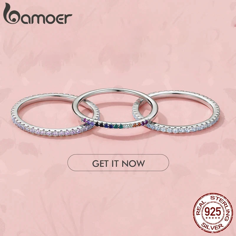 BAMOER 925 Sterling Silver Full Paved Simulated Diamond Stackable Ring, Women's Gold Plated Engagement Eternity Band with Colored CZ