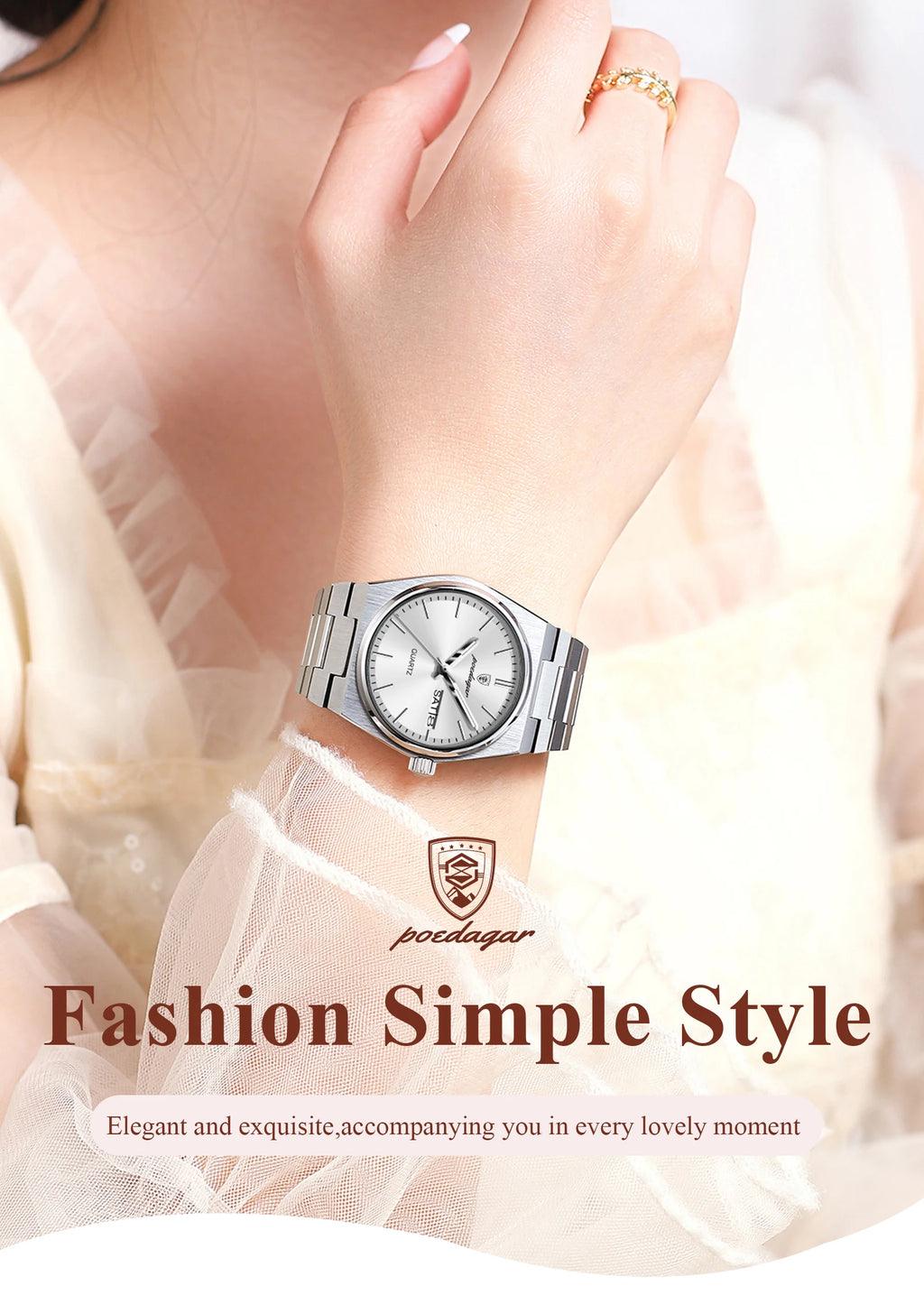 POEDAGAR Women's Watch with Date & Week Display - Waterproof Stainless Steel Luminous Dress Watch, Elegant Business Quartz Watch