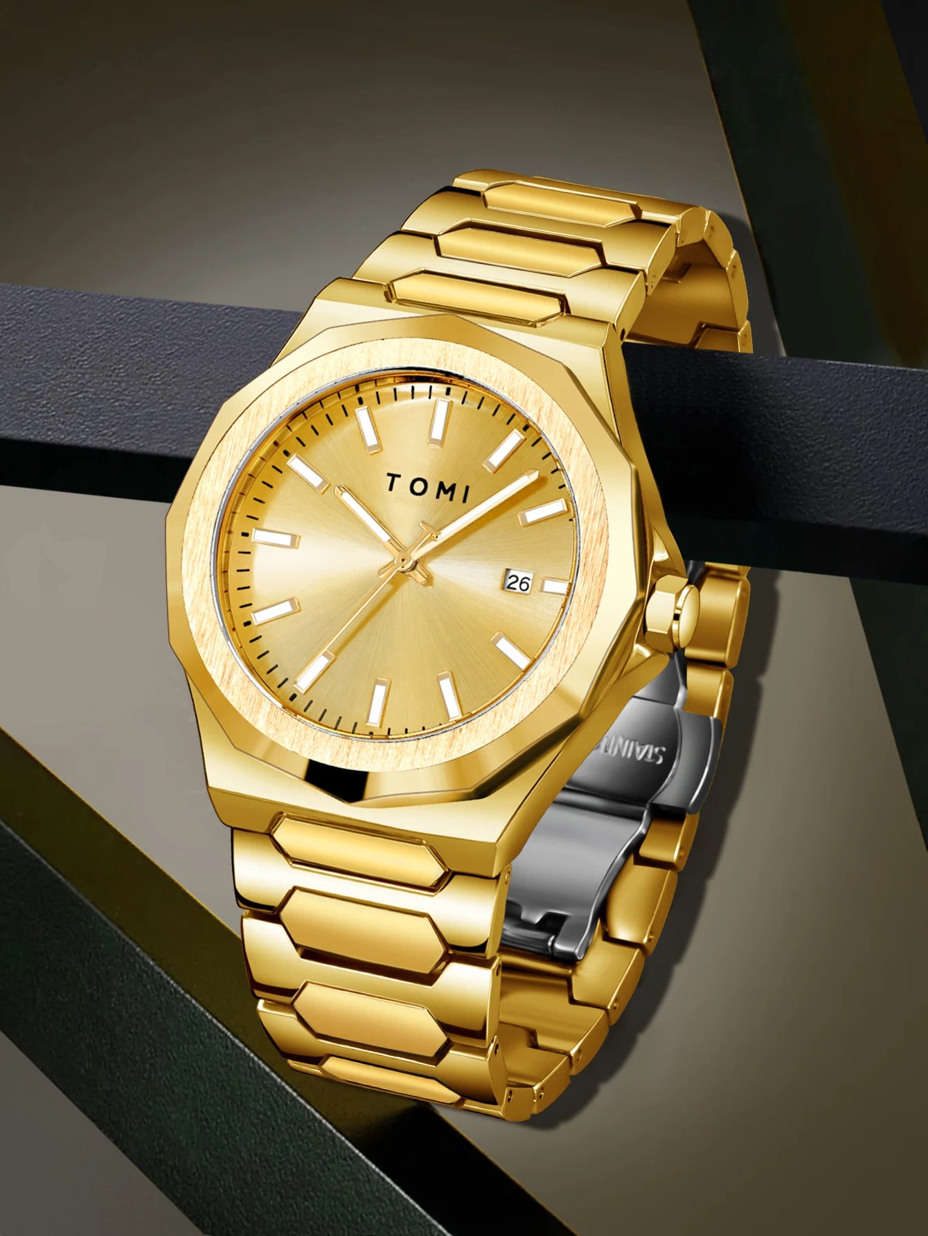 TOMI Luxury Men's Watch Gift Set - Rose Gold Case & Stainless Steel Bracelet, Business Quartz Watch with Complete Calendar, Ring & Brooch