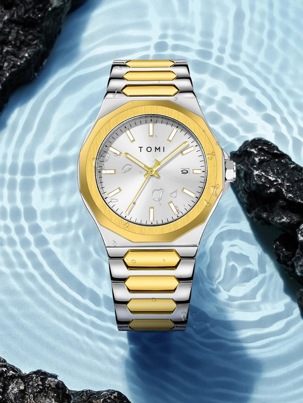 TOMI Luxury Men's Watch Gift Set - Rose Gold Case & Stainless Steel Bracelet, Business Quartz Watch with Complete Calendar, Ring & Brooch