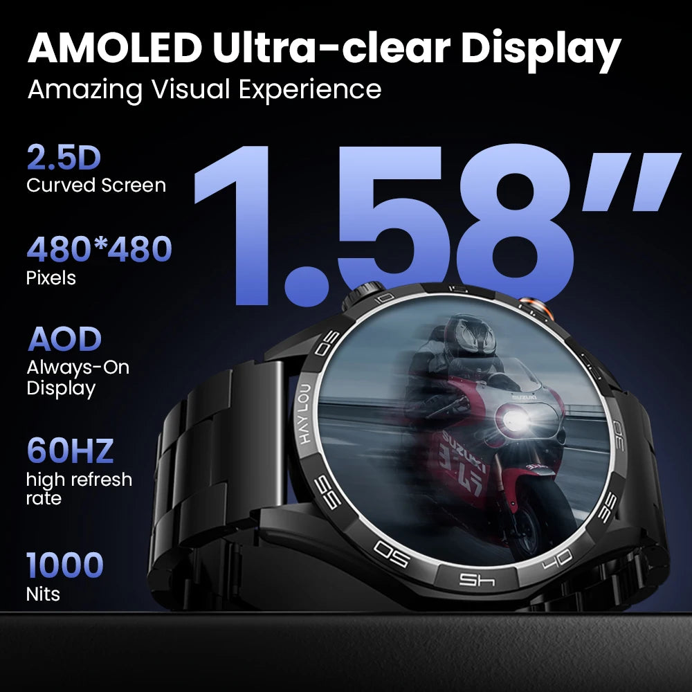 HAYLOU Solar 5 Smart Watch with Bluetooth Calling - 1.58" AMOLED 60Hz Display, 40-Day Battery, 100+ Sports Modes, 24/7 Health Monitor, IP68 Waterproof
