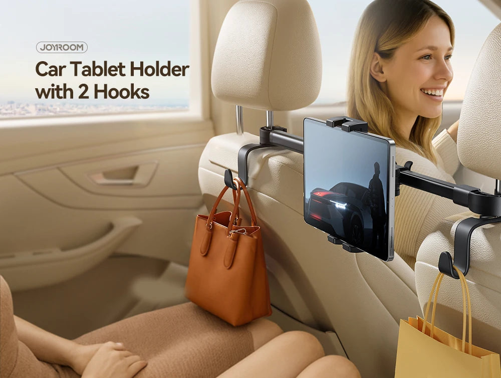 Joyroom Car Tablet Holder with Extension Arm - Adjustable Headrest Mount for Back Seat, Fits iPad Pro 13", Galaxy Tab, 4.7-13" Devices