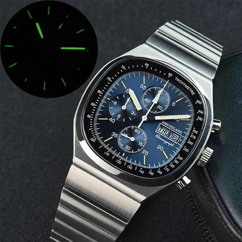 Hruodland F022 Retro Chronograph Watch for Men - Sapphire Crystal Glass, Stainless Steel, Blue Sunray Dial, Japanese Quartz Movement