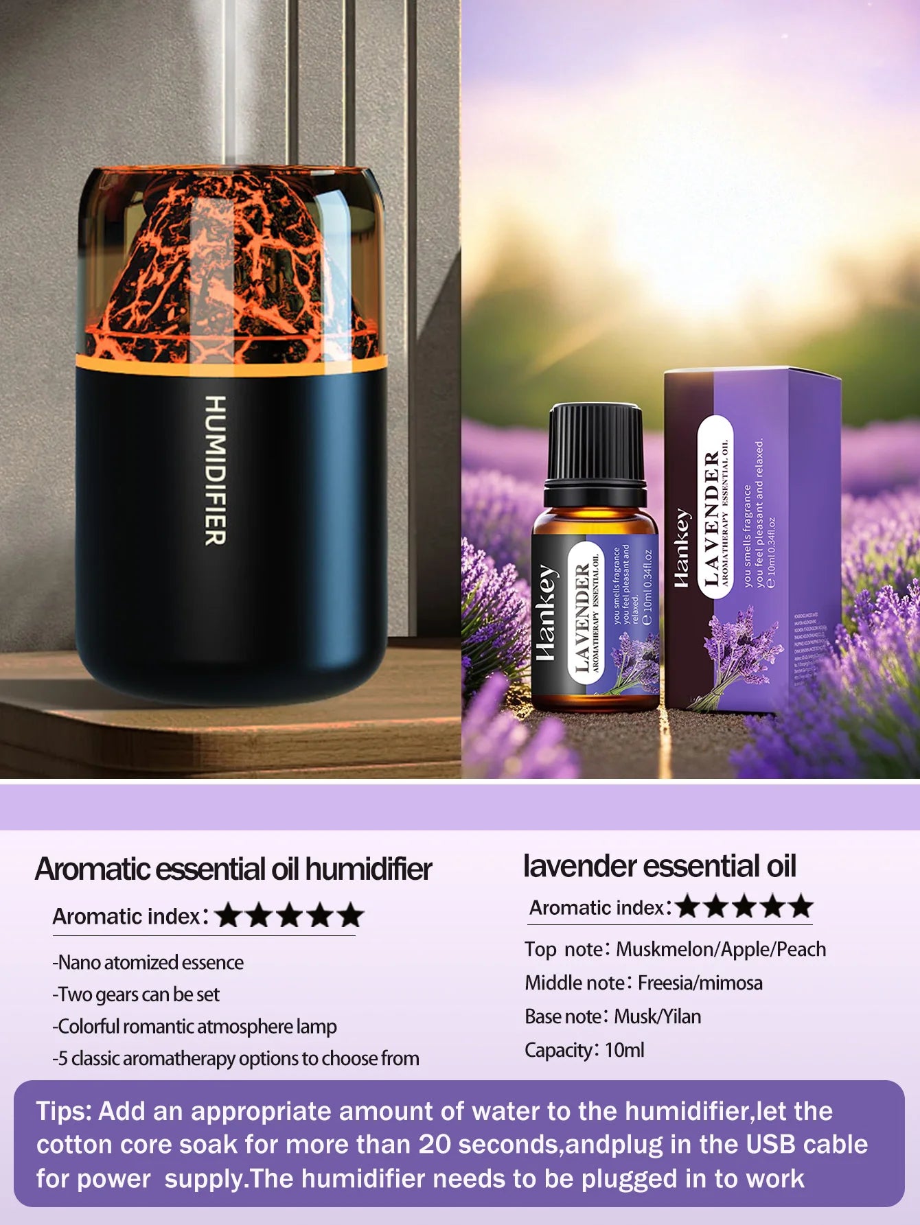 Volcanic Rock LED Mood Lamp with Humidifier & Aromatherapy Diffuser - USB-Powered for Bedroom, Car, Desk | Relaxing Color Changing Night Light Gift