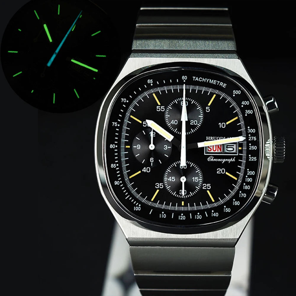 Hruodland F022 Retro Chronograph Watch for Men - Sapphire Crystal Glass, Stainless Steel, Blue Sunray Dial, Japanese Quartz Movement