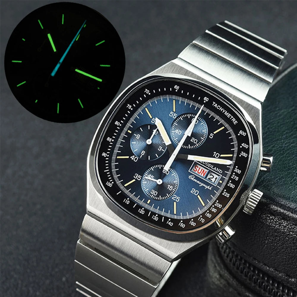 Hruodland F022 Retro Chronograph Watch for Men - Sapphire Crystal Glass, Stainless Steel, Blue Sunray Dial, Japanese Quartz Movement