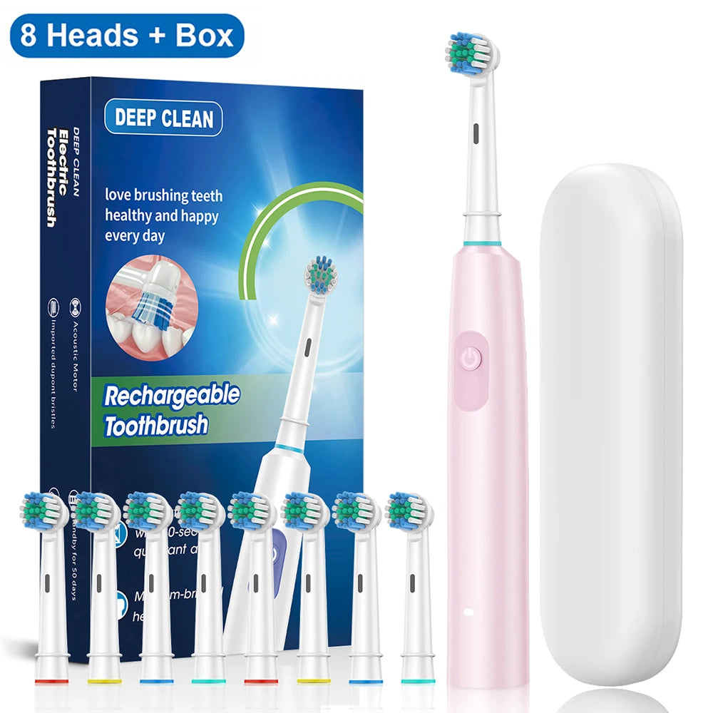 PeiKein Rechargeable Electric Toothbrush for Adults - 5 Mode Rotary Toothbrush with 8 Replacement Brush Heads, 30-Day Battery Life, IP67 Waterproof, 2-Minute Smart Timer