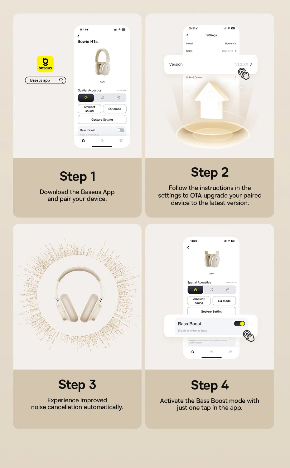 Baseus Bowie H1s Wireless Headphones - Bluetooth 5.4 with 46dB Hybrid ANC, 120H Playtime, Hi-Res Spatial Audio, 0.06s Low Latency, Foldable Over-Ear Headset