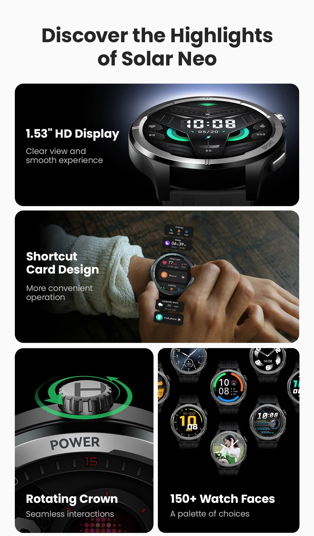 HAYLOU Solar Neo Smart Watch - Bluetooth Calling, 30-Day Battery, IP68 Waterproof, 127 Sports Modes, 24/7 Health Monitor, 1.53" HD Display