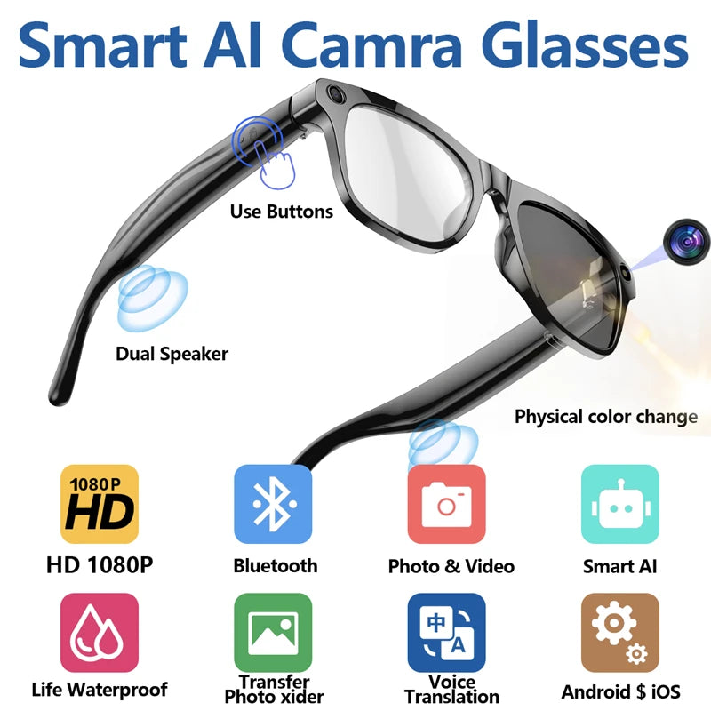 XMSJ 4K AI Smart Glasses - Bluetooth Calling, Voice Assistant, Photochromic Lenses, HD Camera, Music Player & Real-Time Translation