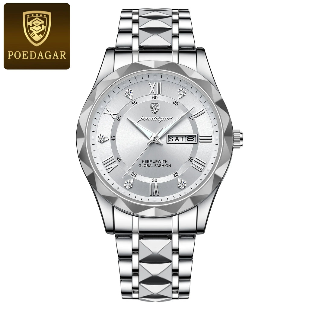 POEDAGAR Luxury Men's Business Watch - Stainless Steel Waterproof with Date & Week Display, Luminous Hands, Roman Numeral Dial