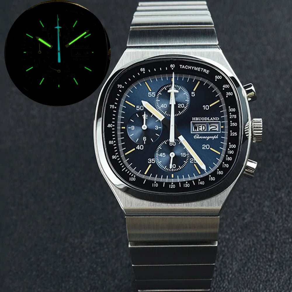 Hruodland F022 Retro Chronograph Watch for Men - Sapphire Crystal Glass, Stainless Steel, Blue Sunray Dial, Japanese Quartz Movement