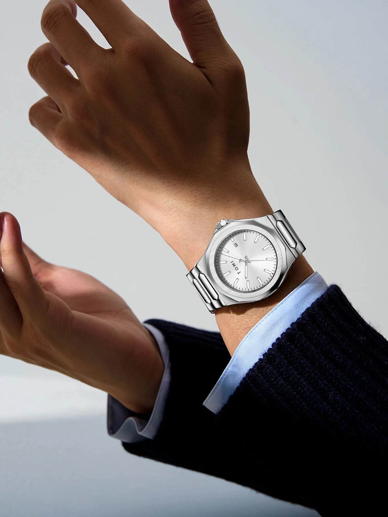 TOMI Luxury Men's Watch Gift Set - Rose Gold Case & Stainless Steel Bracelet, Business Quartz Watch with Complete Calendar, Ring & Brooch