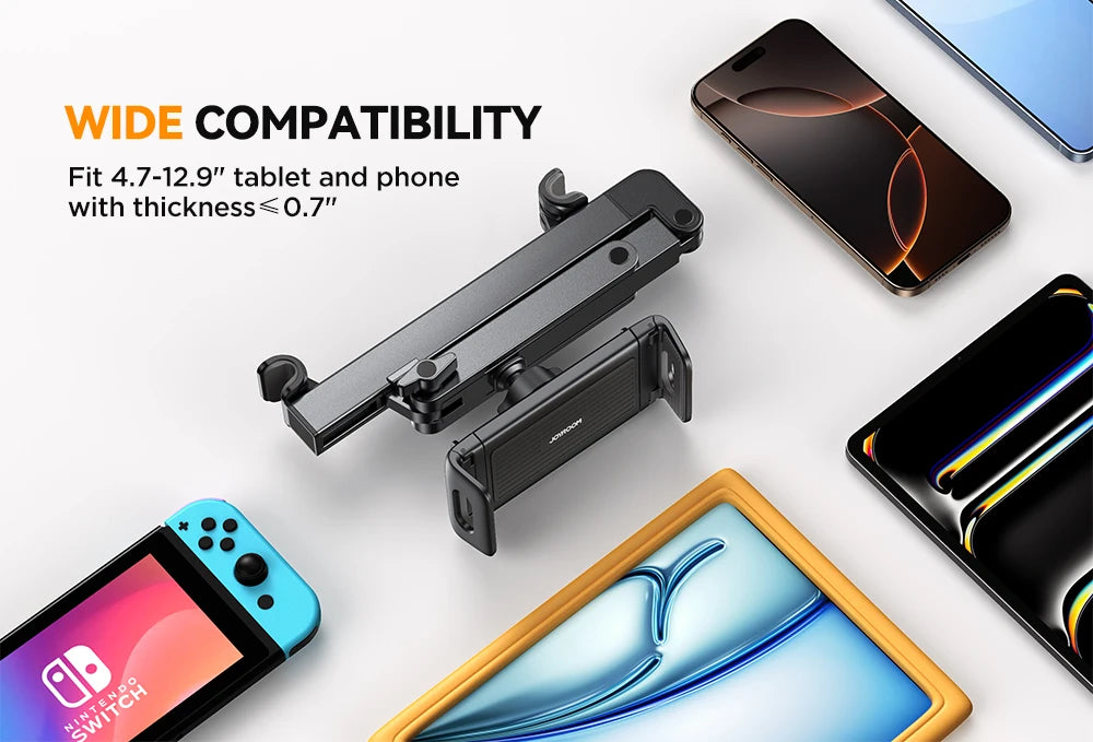 Joyroom Car Headrest Tablet Holder - Adjustable 3-in-1 Backseat Mount for iPad, Phones & Tablets 4.7"-12.9", Foldable & Stable