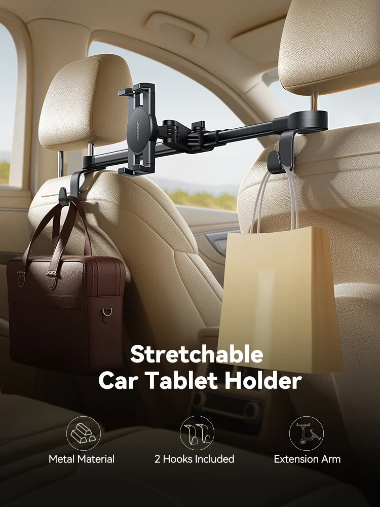 Joyroom Car Tablet Holder with Extension Arm - Adjustable Headrest Mount for Back Seat, Fits iPad Pro 13", Galaxy Tab, 4.7-13" Devices